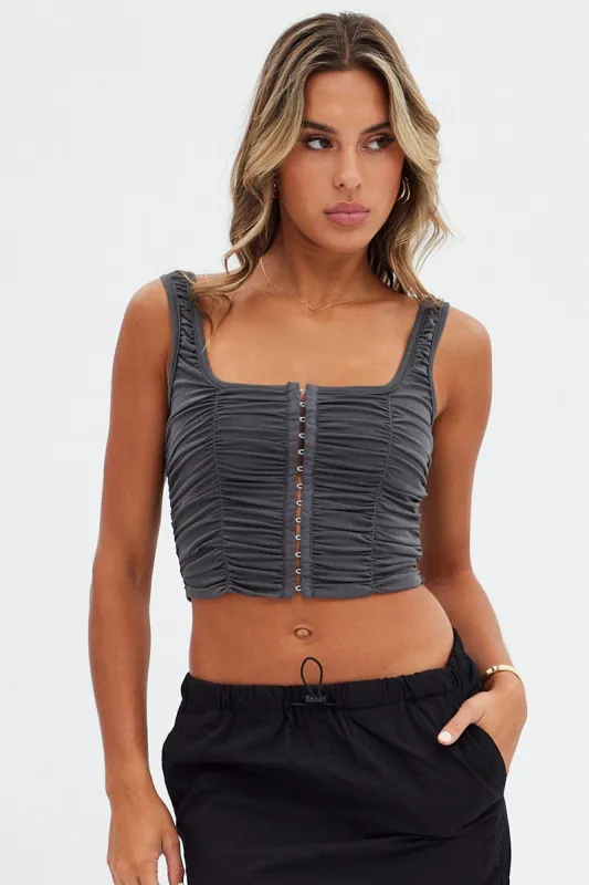 Grey Lace Up Top Sleeveless Mesh sold by Ally Fashion
