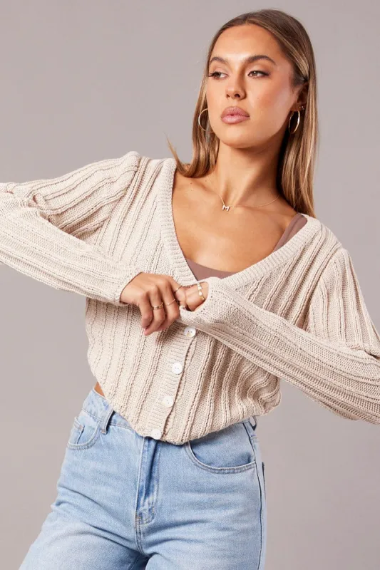 Beige Knit Cardigan Long Sleeve sold by Ally Fashion