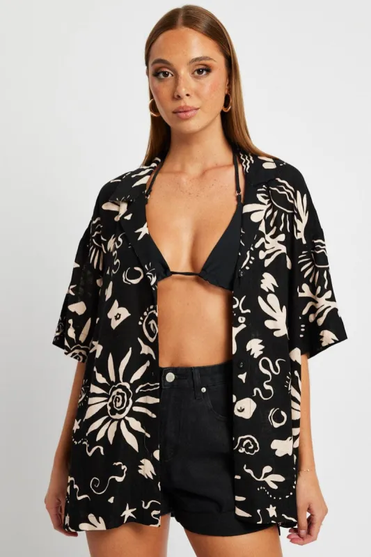 Black Abstract Linen Shirt Short Sleeve sold by Ally Fashion