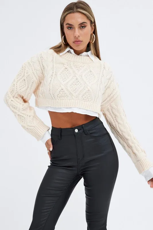 Beige Cable Knit Jumper Crop Faux Layered sold by Ally Fashion