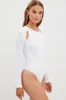 White Bodysuit Long Sleeve Round Neck Cut Out Rib sold by Ally Fashion