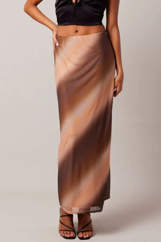 Brown Abstract Maxi Skirt High Rise Mesh sold by Ally Fashion