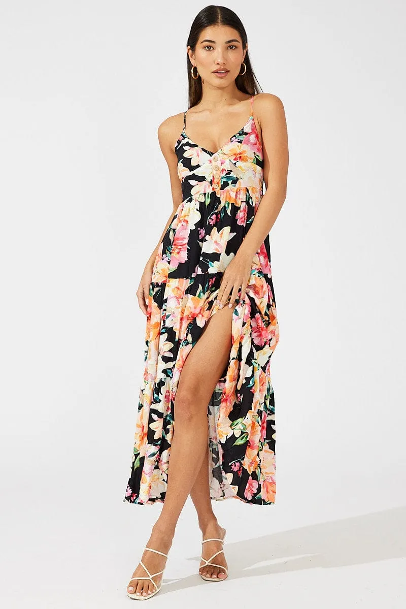 Black Floral Maxi Dress Sleeveless V-Neck sold by Ally Fashion