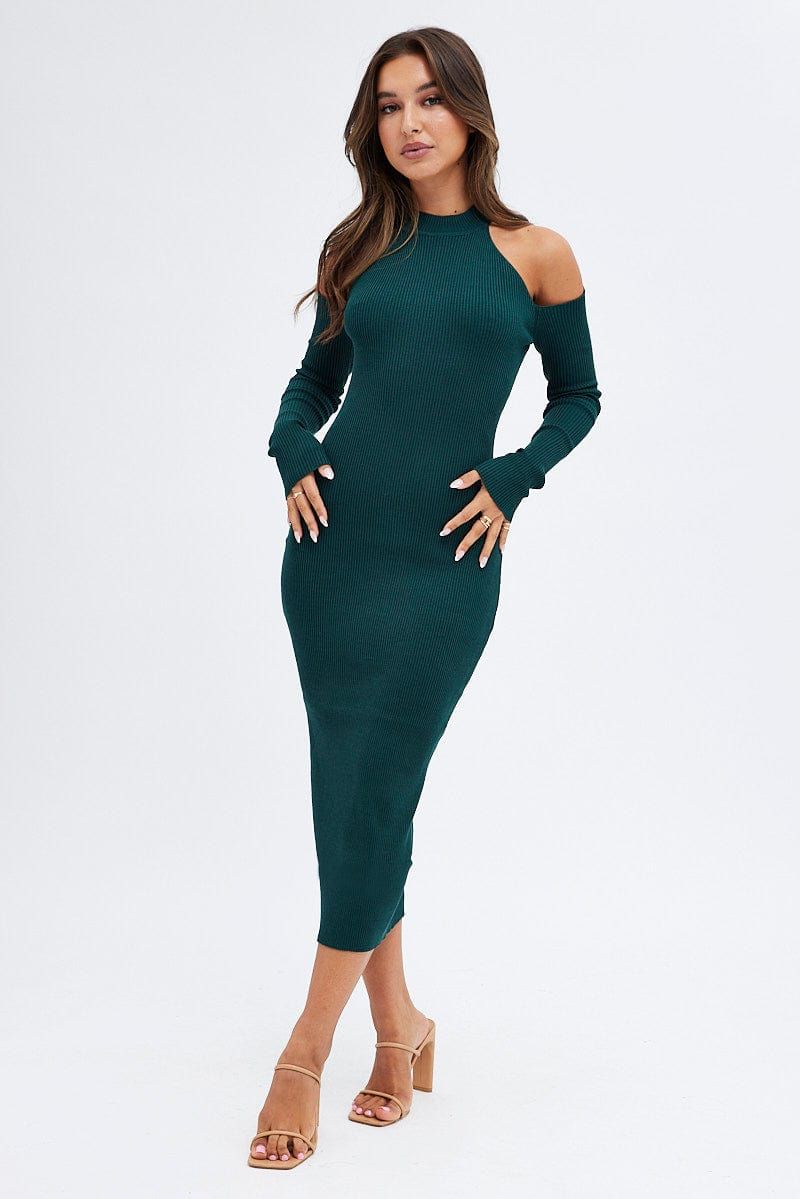 Green Knit Dress Cold Shoulder Mock Neck Midi Rib sold by Ally Fashion product image thumbnail 3