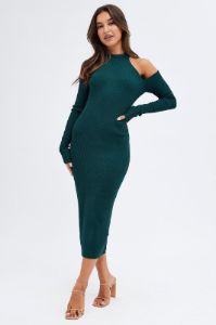 Green Knit Dress Cold Shoulder Mock Neck Midi Rib sold by Ally Fashion