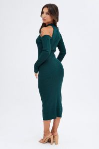 Green Knit Dress Cold Shoulder Mock Neck Midi Rib sold by Ally Fashion