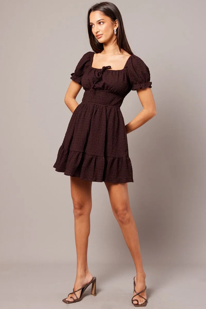 Brown Fit And Flare Dress Puff Sleeve Textured fabric sold by Ally Fashion product image thumbnail 3