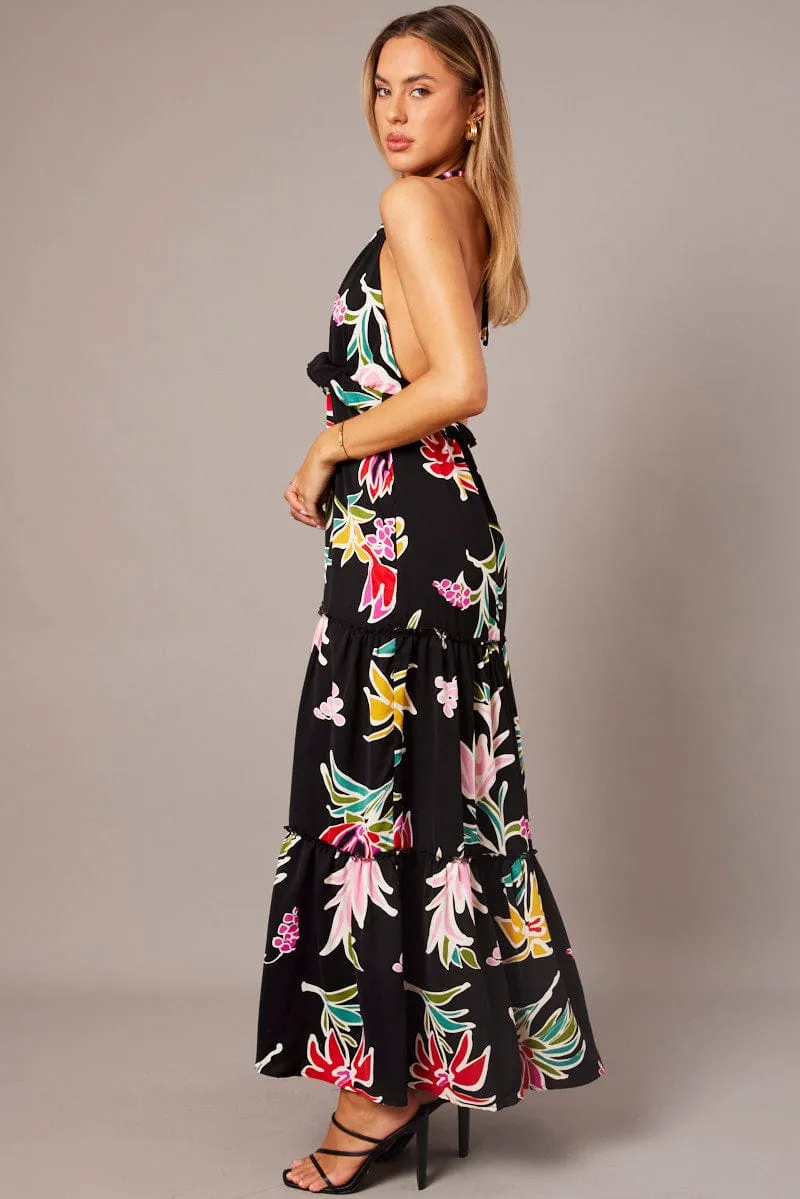 Black Floral Halter Neck Ruffle Tiered Maxi Dress sold by Ally Fashion product image thumbnail 4