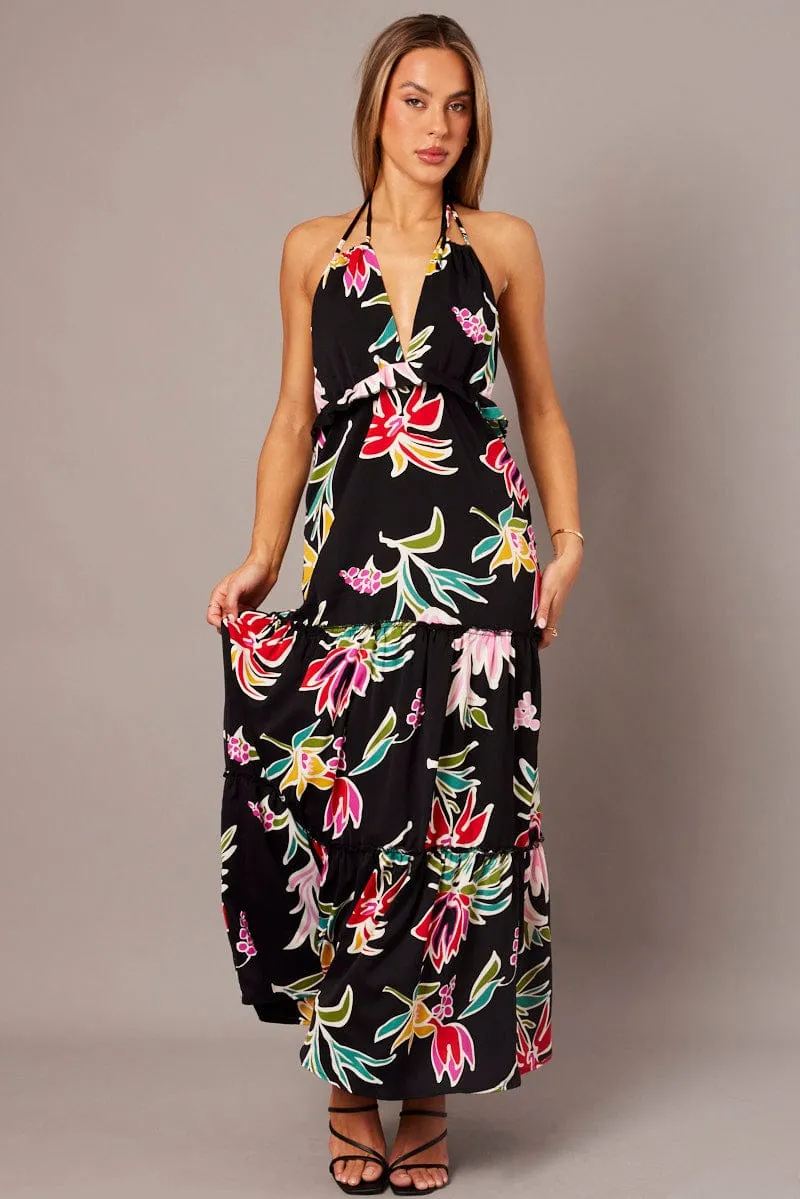 Black Floral Halter Neck Ruffle Tiered Maxi Dress sold by Ally Fashion