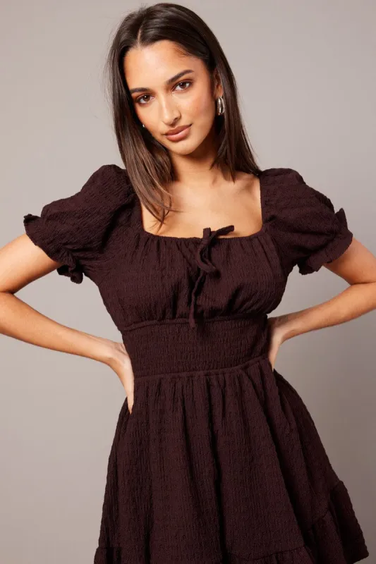 Brown Fit And Flare Dress Puff Sleeve Textured fabric sold by Ally Fashion