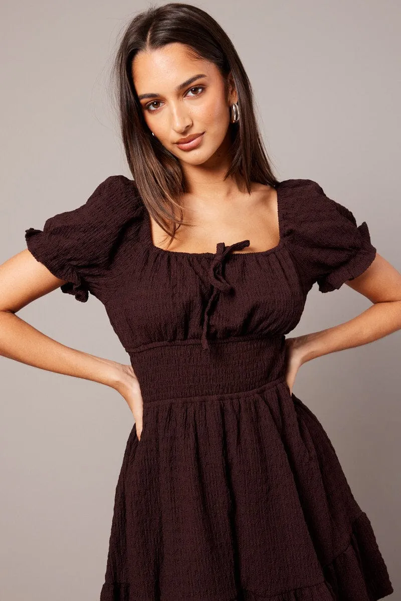 Brown Fit And Flare Dress Puff Sleeve Textured fabric sold by Ally Fashion