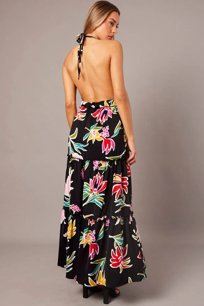 Black Floral Halter Neck Ruffle Tiered Maxi Dress sold by Ally Fashion product image thumbnail 5