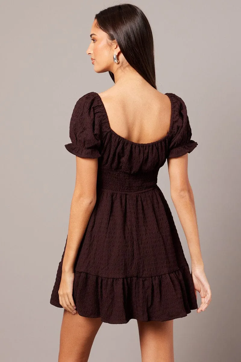 Brown Fit And Flare Dress Puff Sleeve Textured fabric sold by Ally Fashion product image thumbnail 5