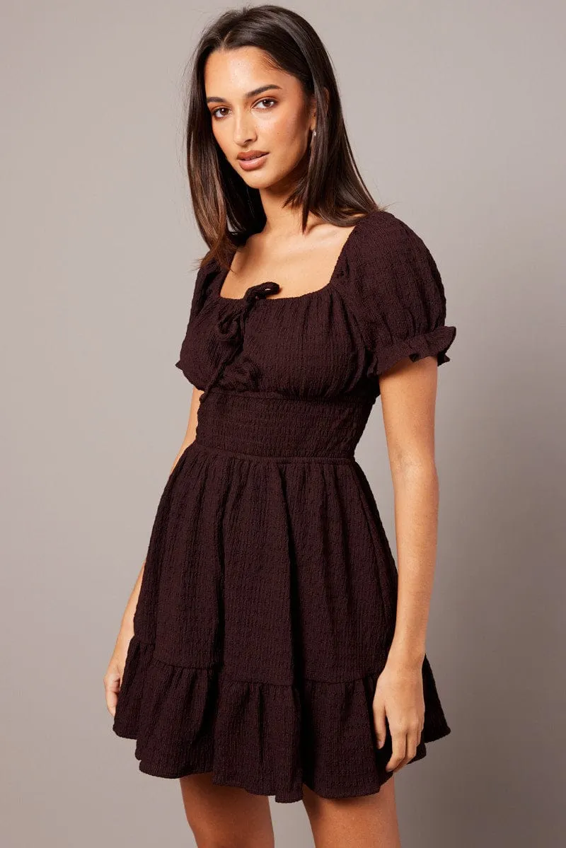 Brown Fit And Flare Dress Puff Sleeve Textured fabric sold by Ally Fashion product image thumbnail 2