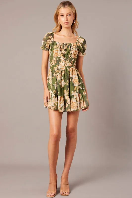 Green Floral Fit And Flare Dress Puff Sleeve Mini Floral print sold by Ally Fashion