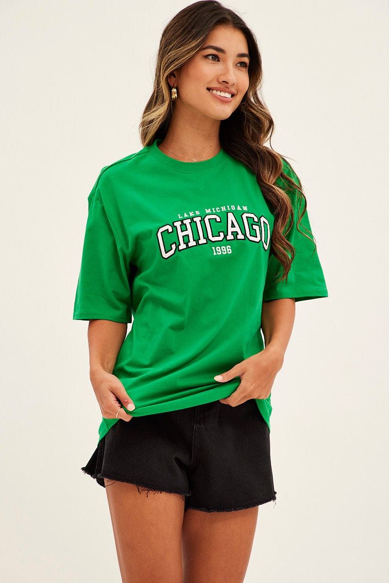 Green Embroidered T-Shirt Short Sleeve Chicago Oversized sold by Ally Fashion product image thumbnail 3
