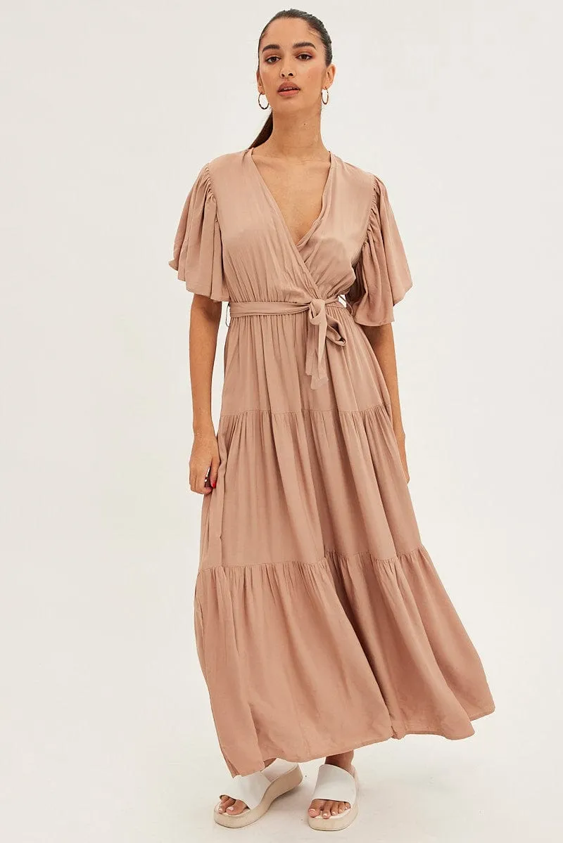 Beige Maxi Dress Short Sleeve Wrap Front Tiered sold by Ally Fashion product image thumbnail 3