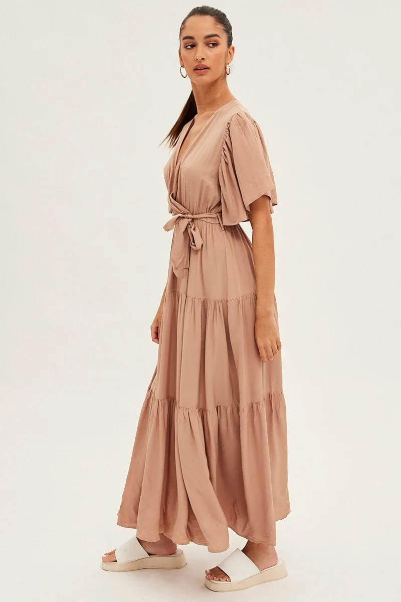 Beige Maxi Dress Short Sleeve Wrap Front Tiered sold by Ally Fashion product image thumbnail 4