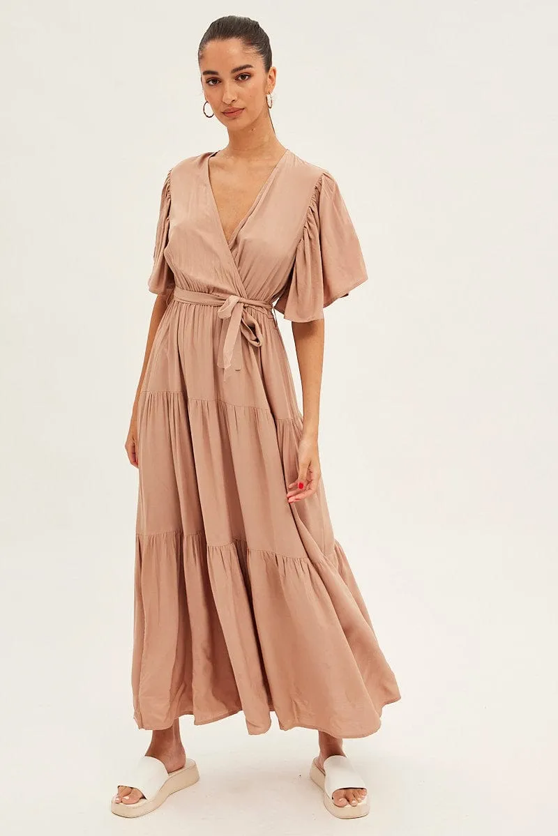 Beige Maxi Dress Short Sleeve Wrap Front Tiered sold by Ally Fashion