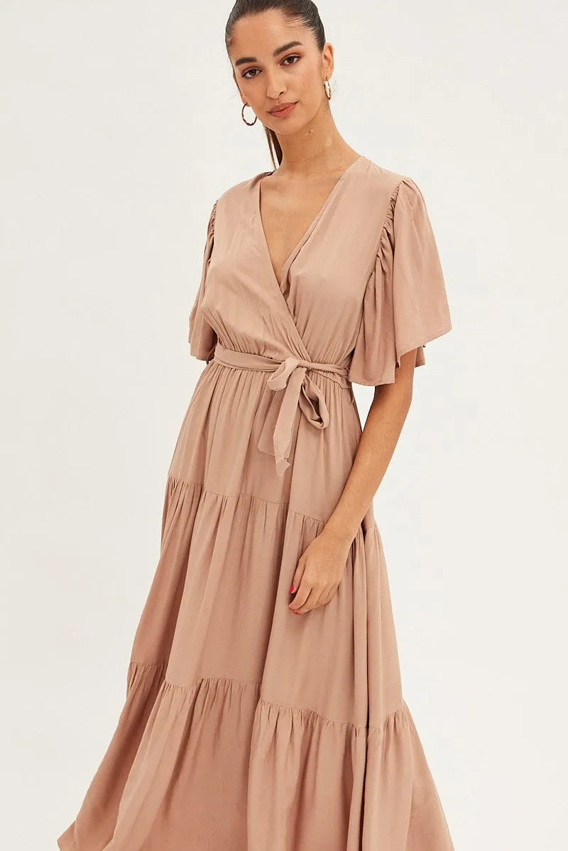 Beige Maxi Dress Short Sleeve Wrap Front Tiered sold by Ally Fashion product image thumbnail 2