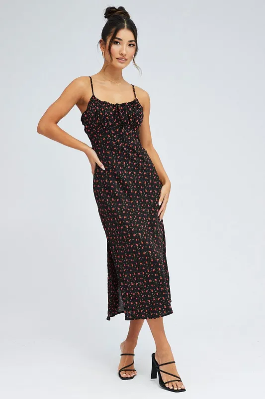 Black Floral Midi Dress Sleeveless Ruched Bust Satin sold by Ally Fashion