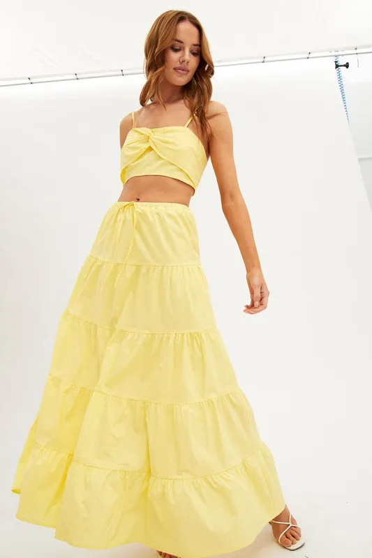 Yellow Maxi Skirt Elastic Waist Tiered sold by Ally Fashion