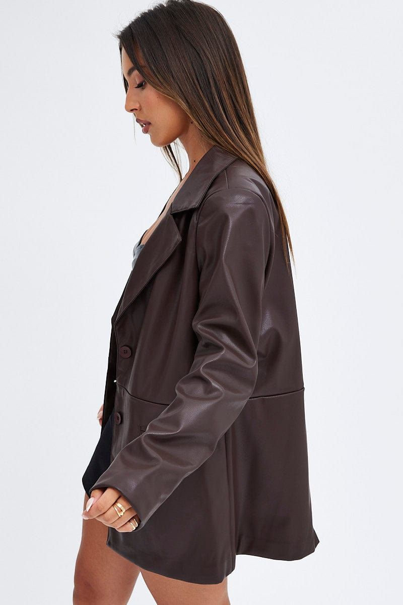 Brown Jacket Faux Leather Collared sold by Ally Fashion product image thumbnail 4