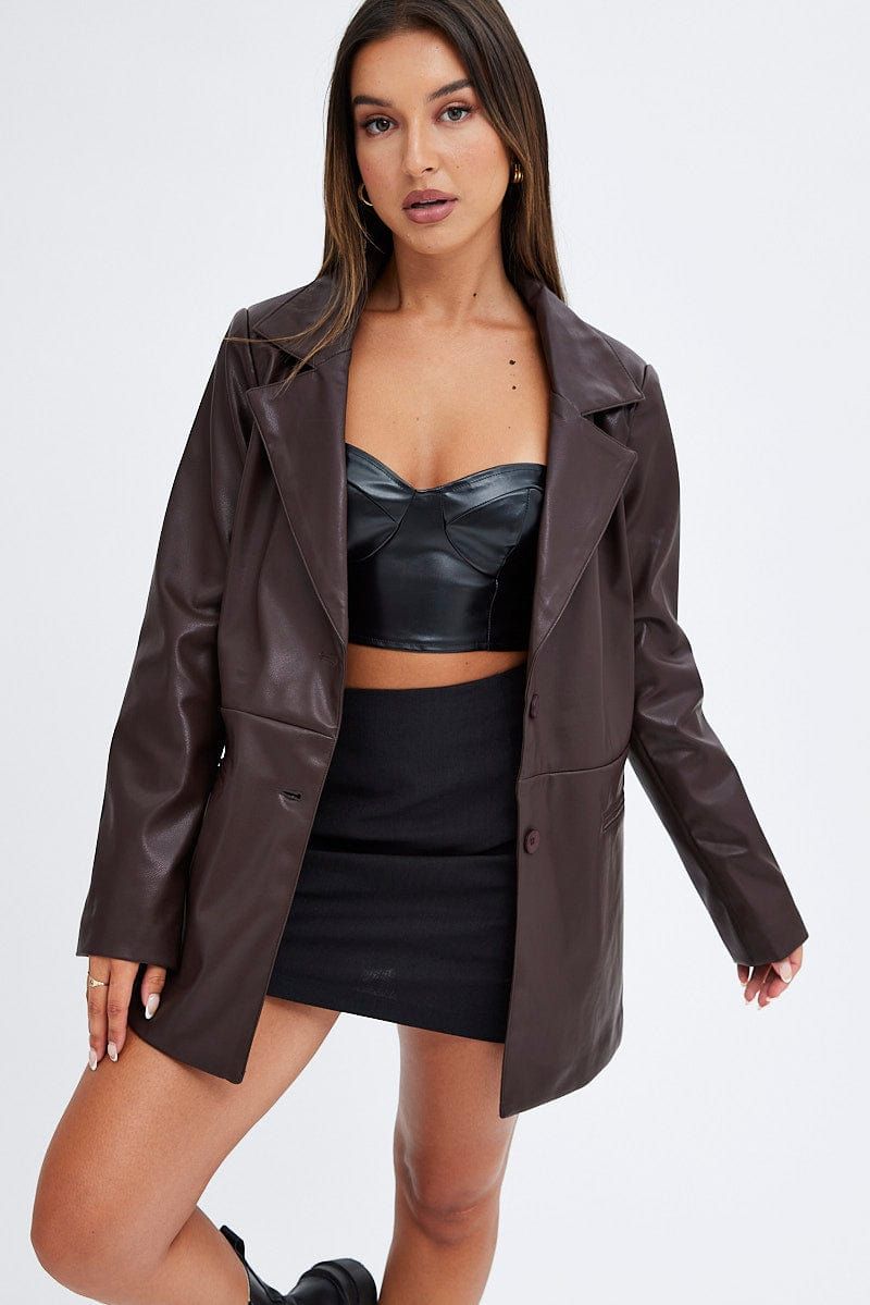 Brown Jacket Faux Leather Collared sold by Ally Fashion