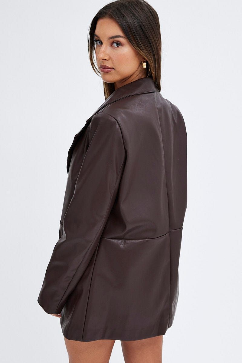 Brown Jacket Faux Leather Collared sold by Ally Fashion product image thumbnail 5