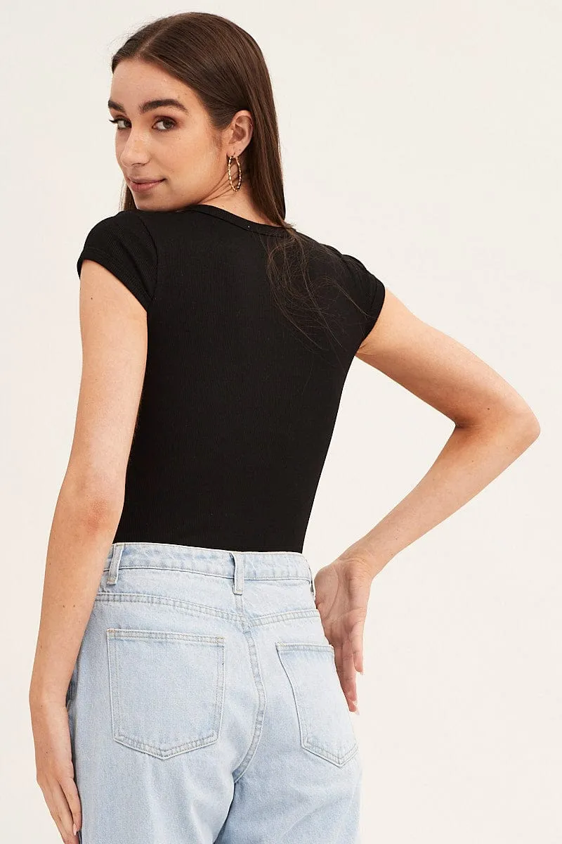Black Bodysuit Snap Button Short Sleeve Rib sold by Ally Fashion product image thumbnail 5