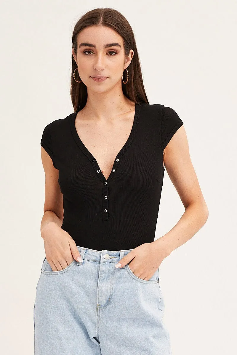 Black Bodysuit Snap Button Short Sleeve Rib sold by Ally Fashion