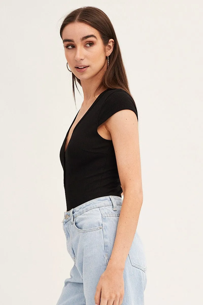 Black Bodysuit Snap Button Short Sleeve Rib sold by Ally Fashion product image thumbnail 4