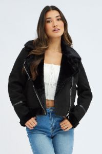 Black Faux Fur Biker Jacket sold by Ally Fashion