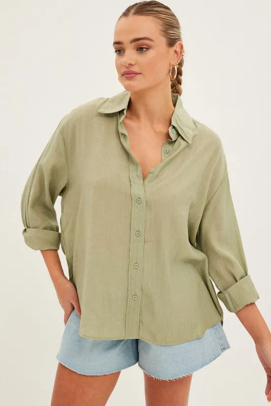 Green Textured Shirt Long Sleeve Collared sold by Ally Fashion