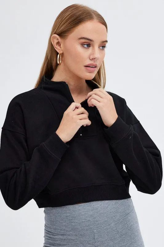 Black Sweater Crop Half Zip Long Sleeve sold by Ally Fashion