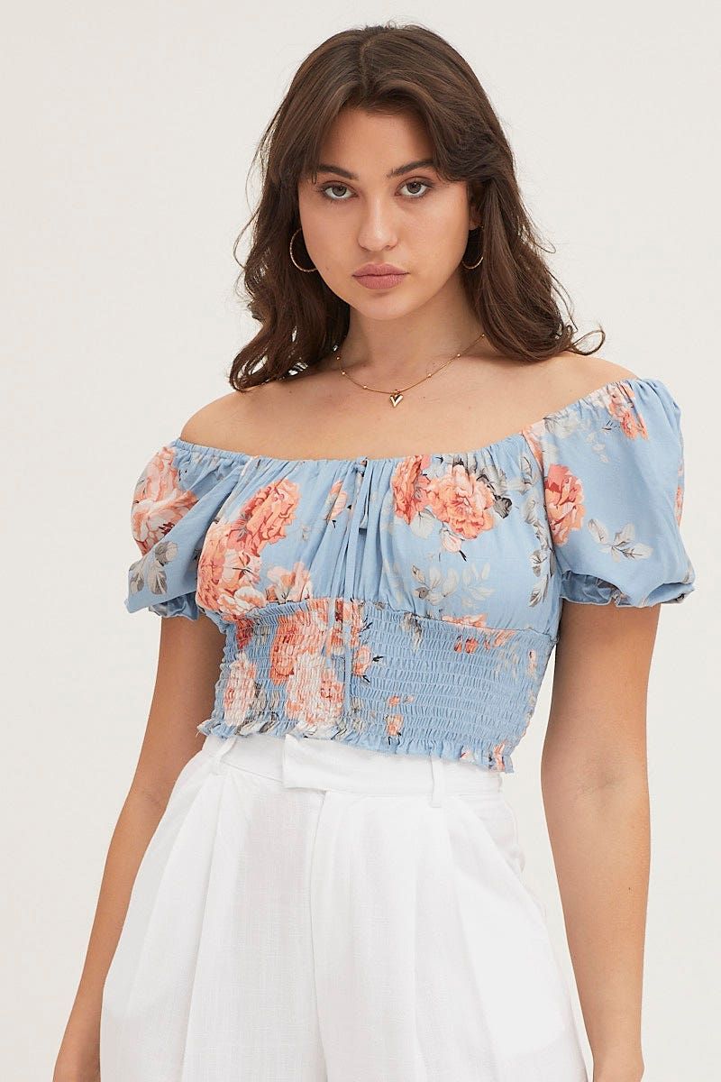 Print Crop Top Short Sleeve Shirred Waist sold by Ally Fashion
