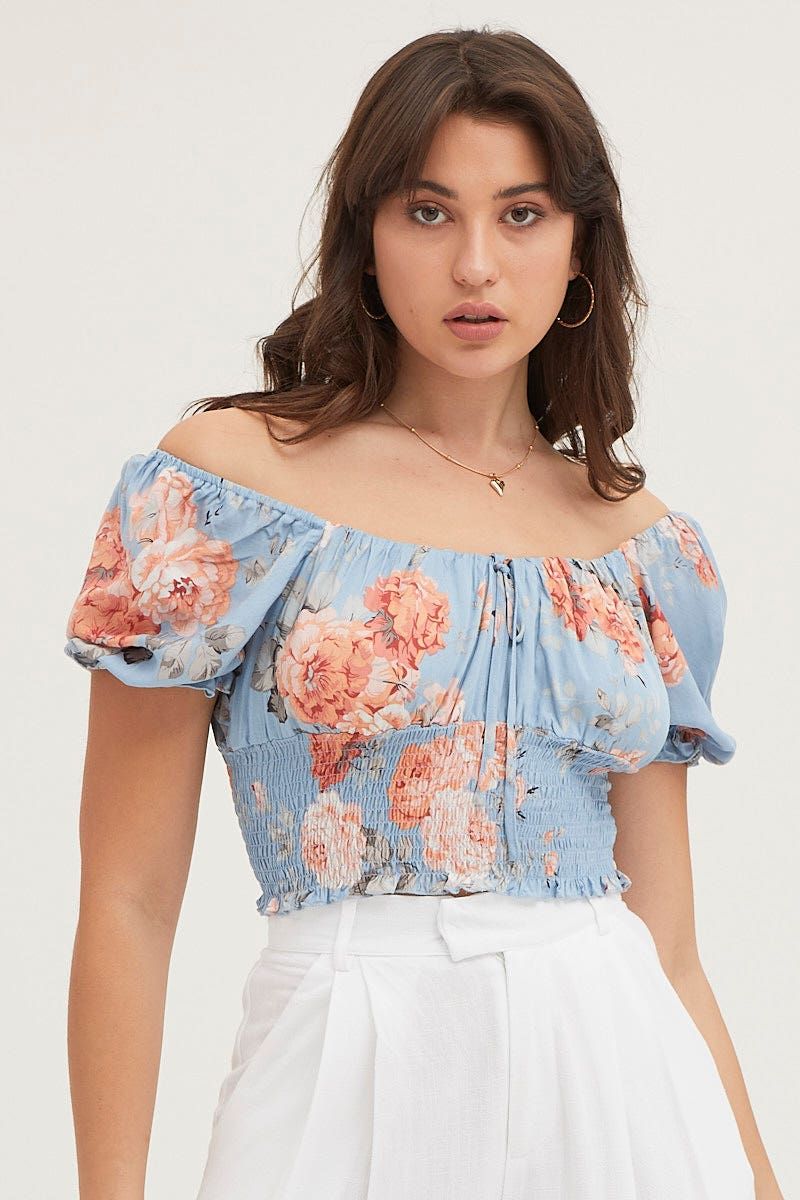 Print Crop Top Short Sleeve Shirred Waist sold by Ally Fashion product image thumbnail 3
