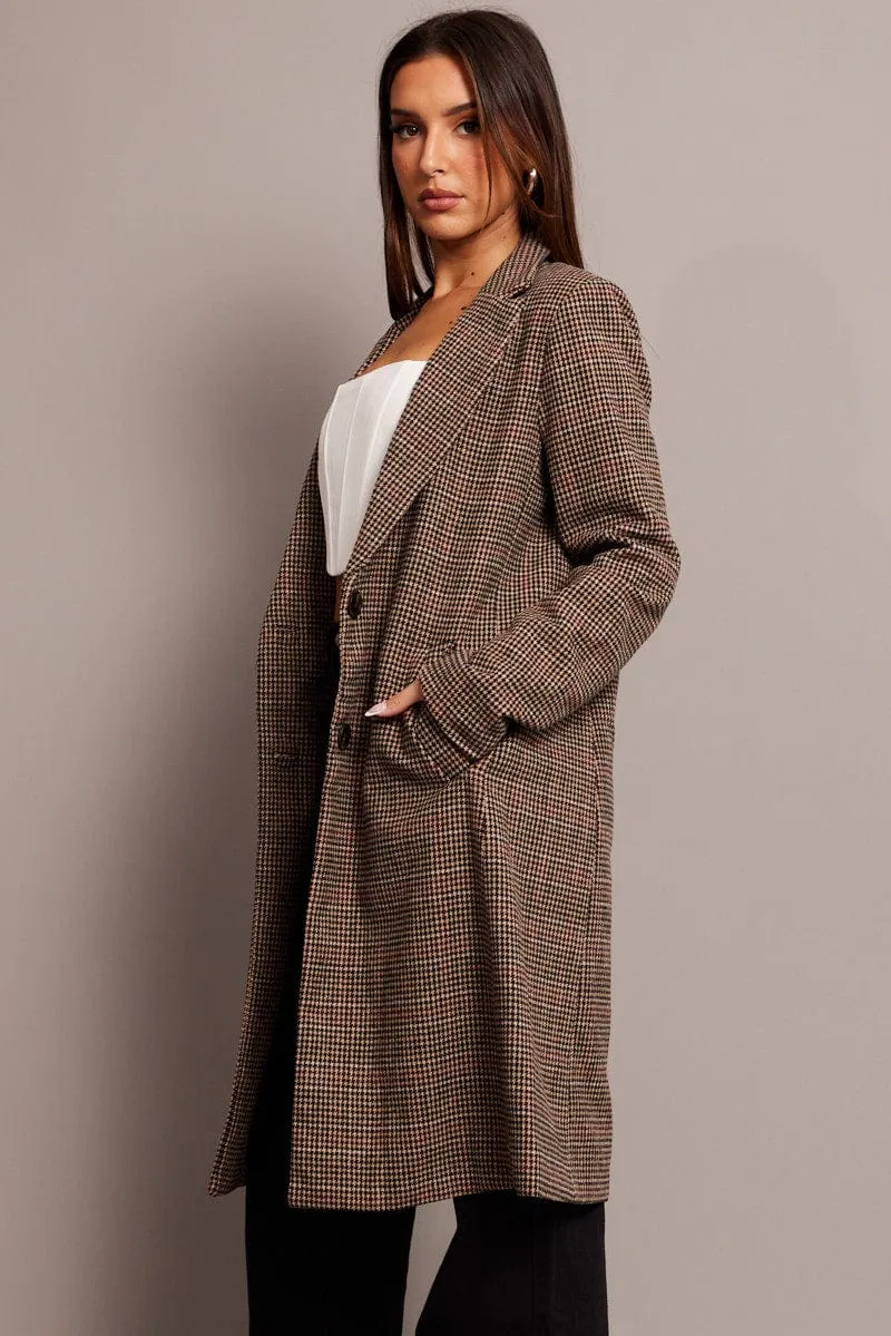 Brown Check One Button Coat Long Sleeve sold by Ally Fashion product image thumbnail 4