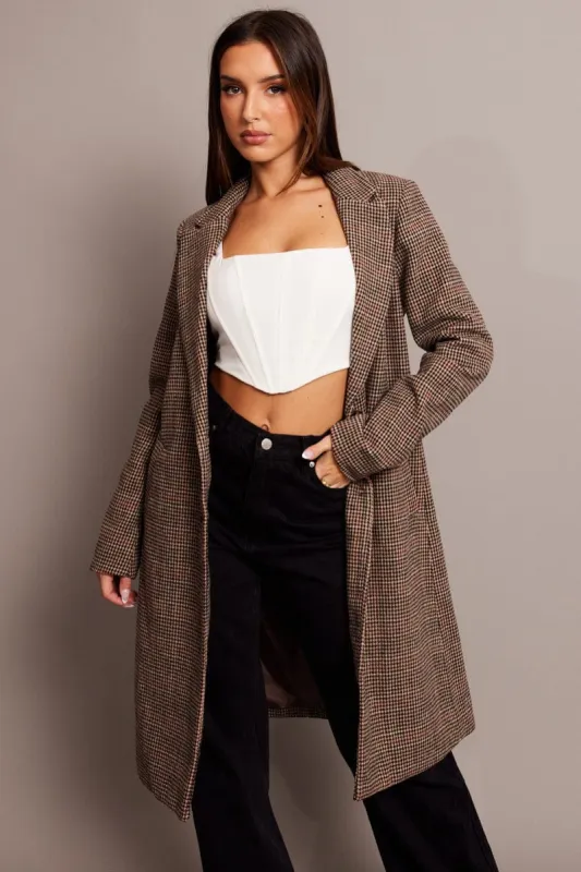 Brown Check One Button Coat Long Sleeve sold by Ally Fashion