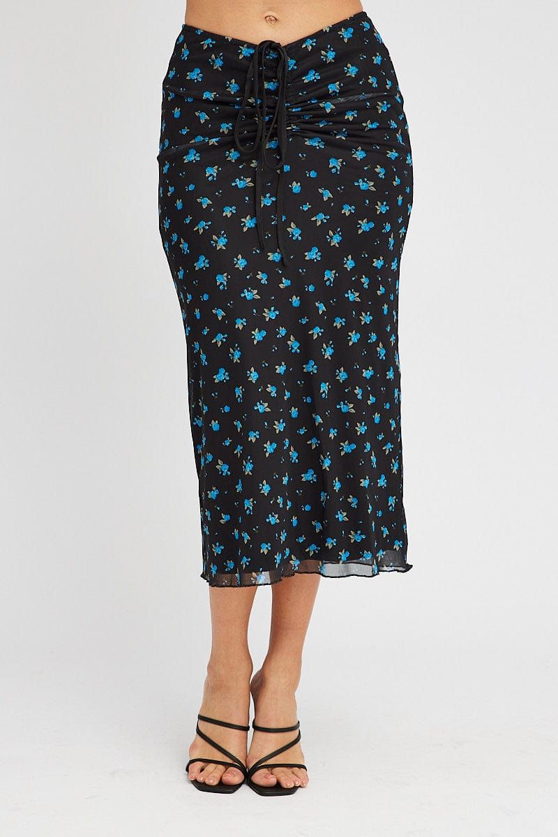 Black Ditsy Midi Skirt Mid Rise Ruched Detail Mesh sold by Ally Fashion product image thumbnail 2