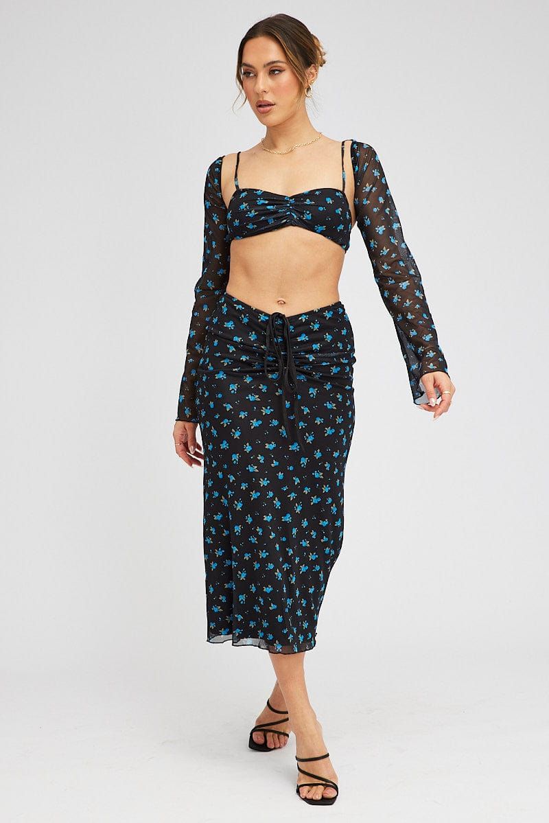 Black Ditsy Midi Skirt Mid Rise Ruched Detail Mesh sold by Ally Fashion product image thumbnail 3