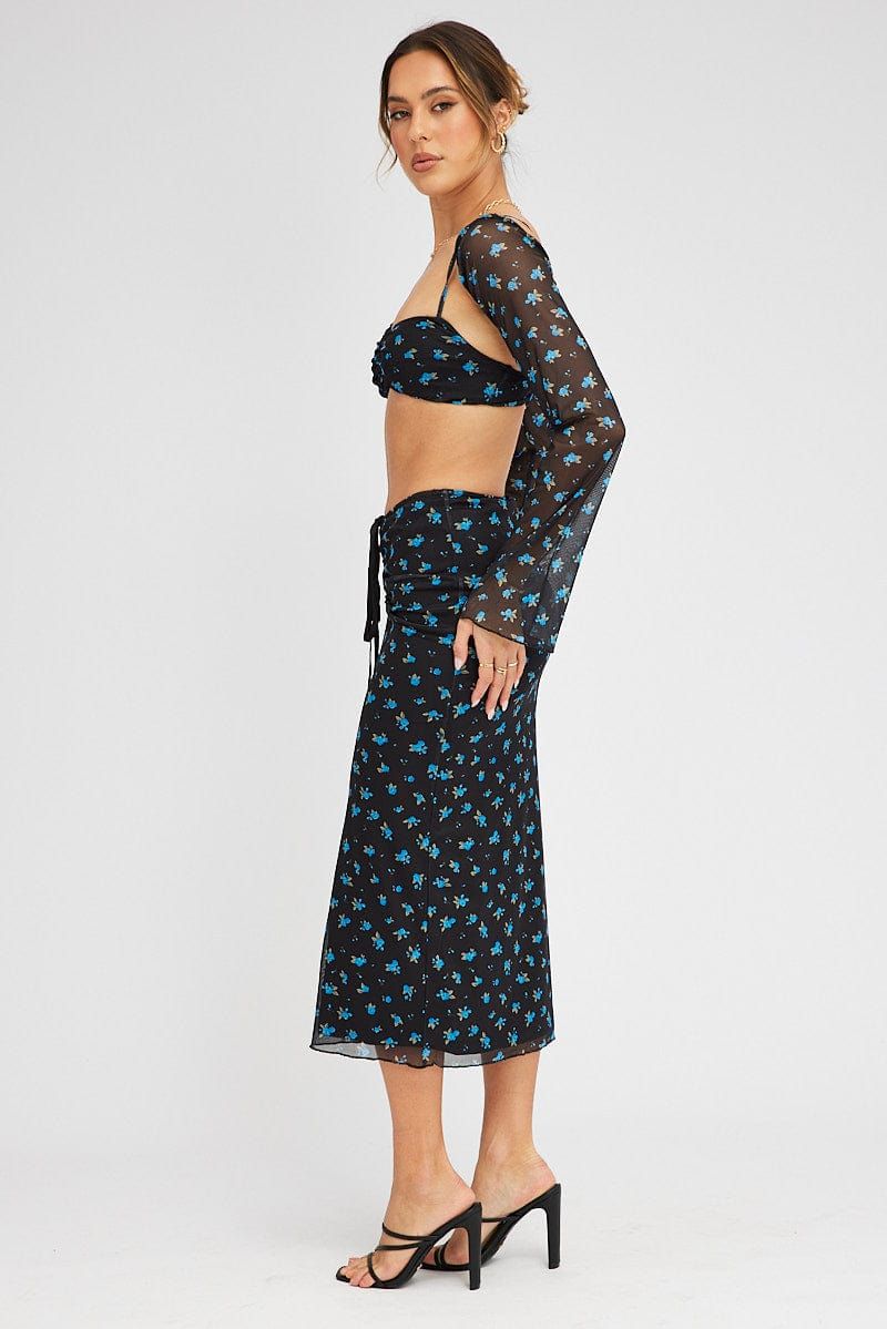 Black Ditsy Midi Skirt Mid Rise Ruched Detail Mesh sold by Ally Fashion product image thumbnail 4