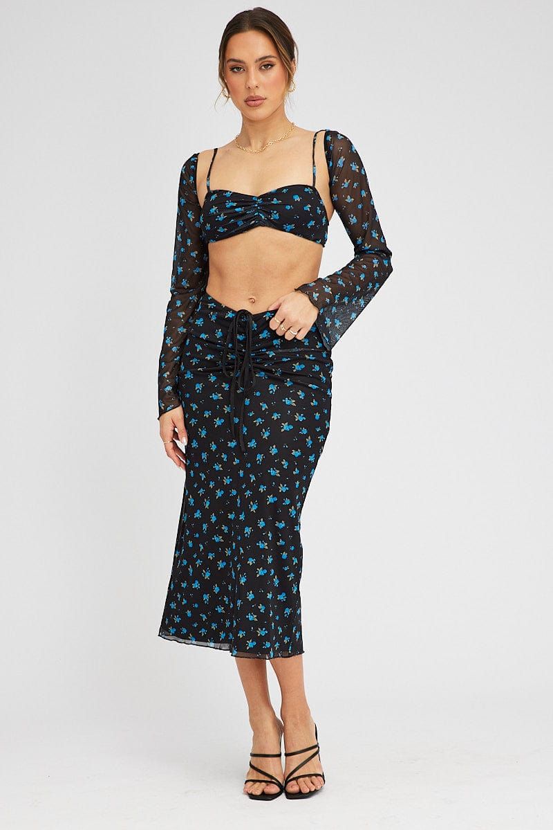 Black Ditsy Midi Skirt Mid Rise Ruched Detail Mesh sold by Ally Fashion