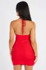 Red Halter Dress Ruffle Ruched Plunging Mini Dress sold by Ally Fashion