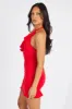 Red Halter Dress Ruffle Ruched Plunging Mini Dress sold by Ally Fashion