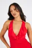 Red Halter Dress Ruffle Ruched Plunging Mini Dress sold by Ally Fashion