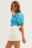 Blue Crop Top Short Sleeve Square Neck Linen Blend sold by Ally Fashion
