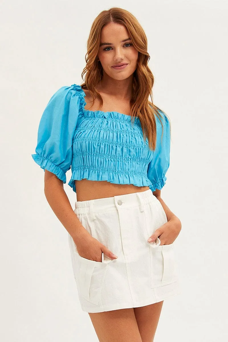 Blue Crop Top Short Sleeve Square Neck Linen Blend sold by Ally Fashion