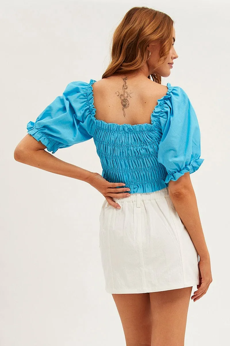 Blue Crop Top Short Sleeve Square Neck Linen Blend sold by Ally Fashion product image thumbnail 5