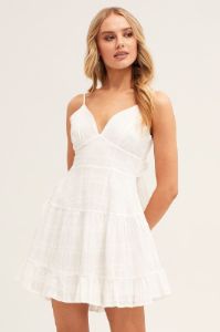 White Sleeveless Tie Back Tiered Skater Dress sold by Ally Fashion